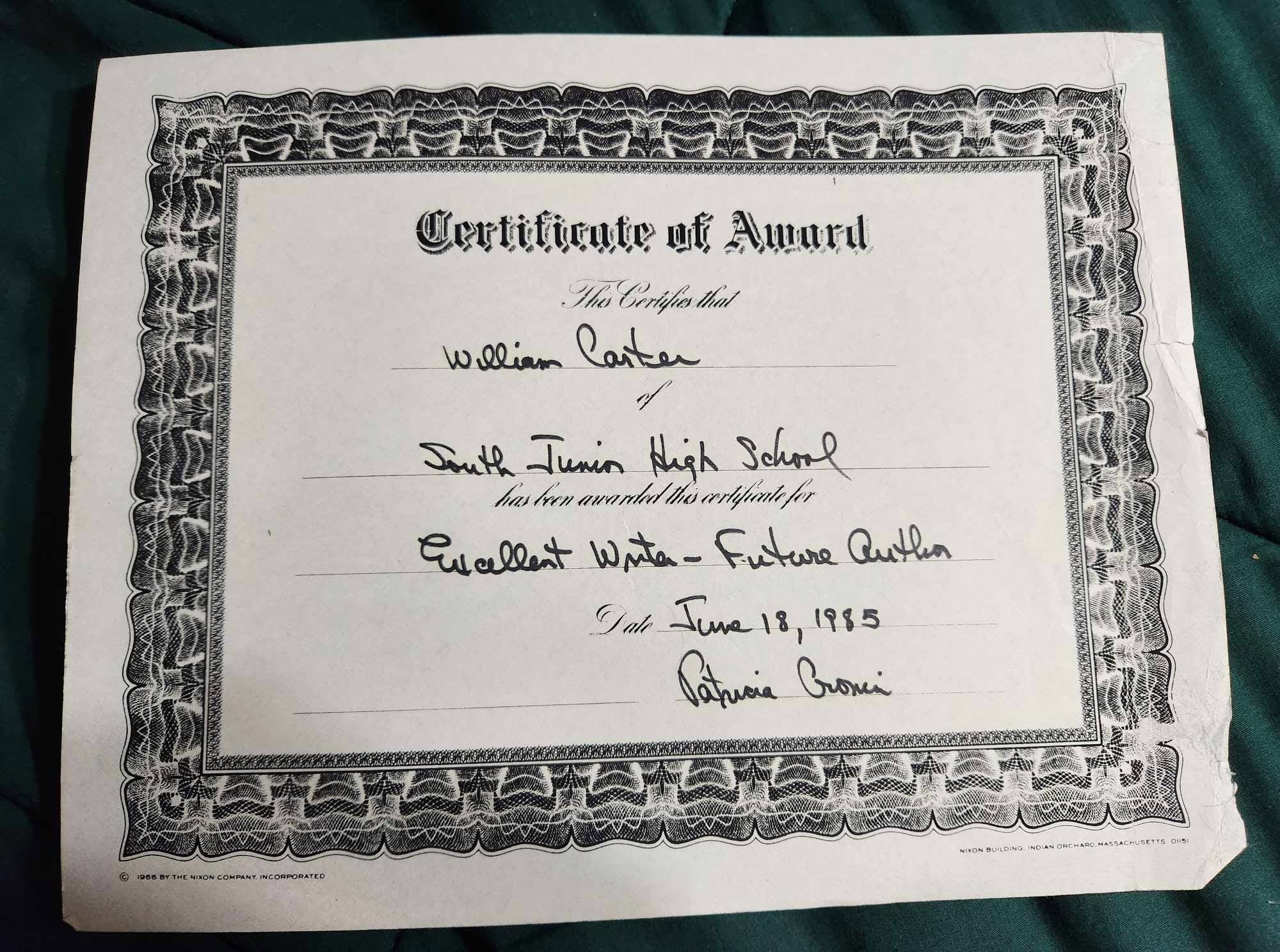 William Carter's age-12 writing award
